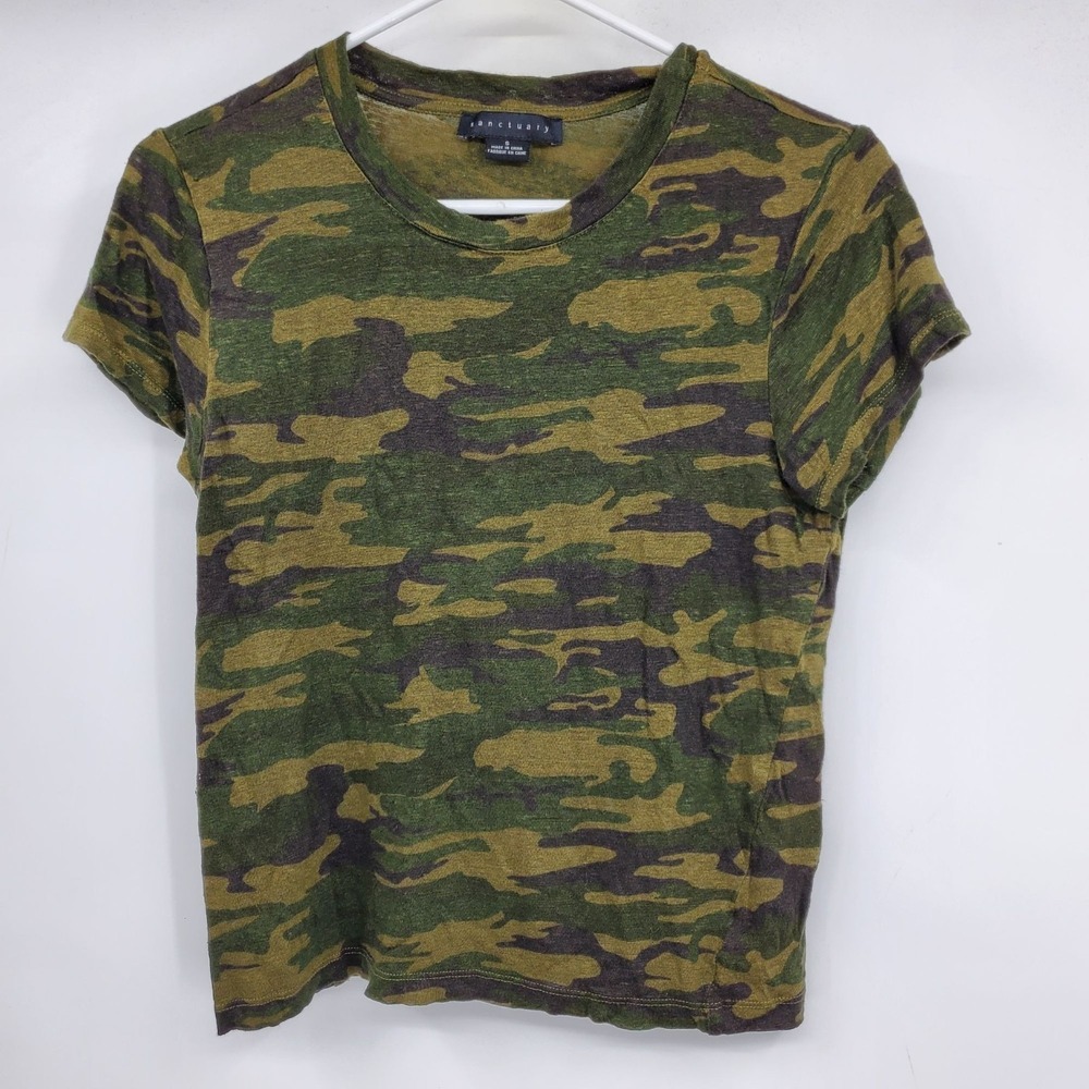 Sanctuary 100% Linen Women's Crewneck Camouflage Short Sleeve Basic T Shirt Smal